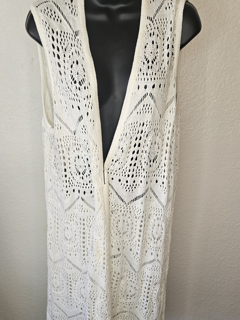 Chelsea & Theodore Cream Crochet Open Front Long Vest